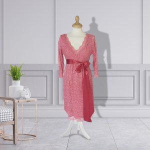 Coral Knee Length Lace Designer Dress